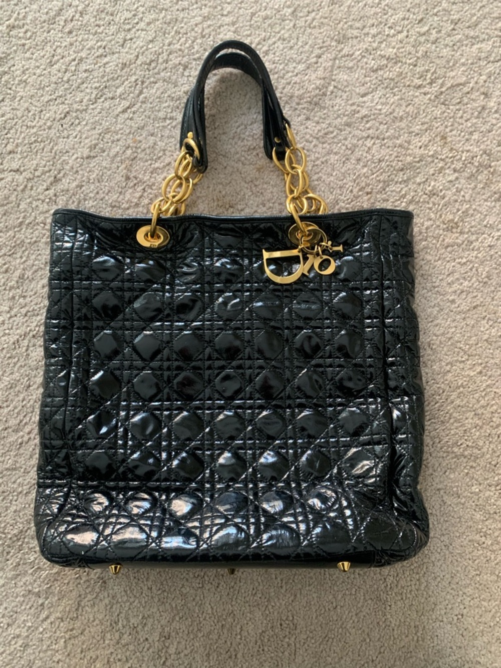 Black Patent Quilted Tote with Gold Charm Accent